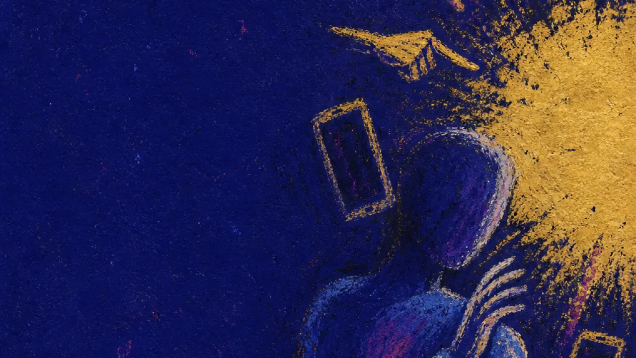 A solitary figure with drawn-in shoulders as hands, phones, and raised glasses point past them toward one bright center