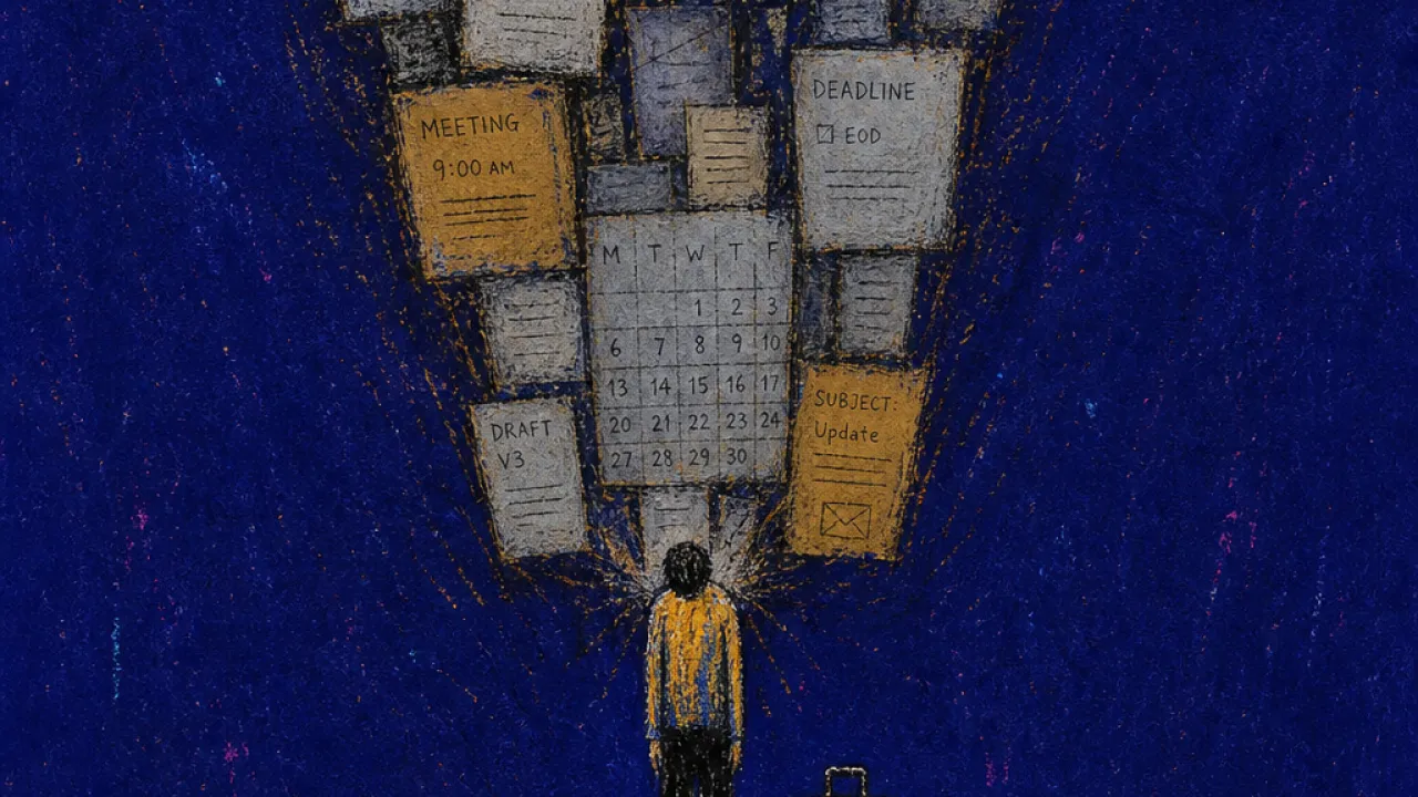 Schedules Pressing Back In A figure beside a closed suitcase, shoulders lowered beneath calendar blocks and inbox pages in a narrowing room.