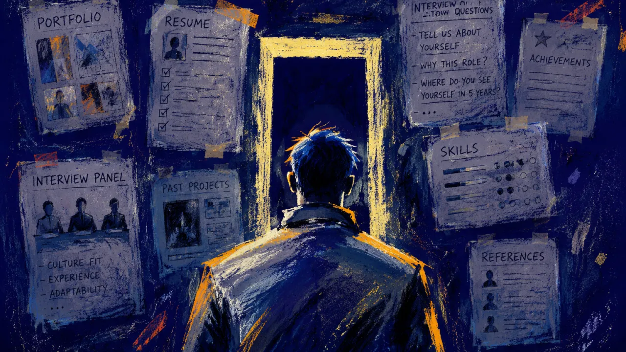Proof Settling Around Raised Shoulders A figure with raised shoulders before a doorway, interview panels encroaching from every side, credentials filling the frame