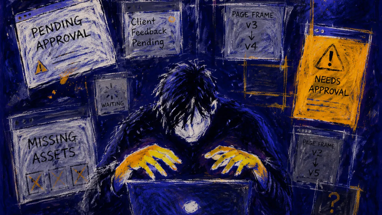 The Finish Line Keeps Moving A solitary figure with lowered shoulders and hands above a laptop as shifting page frames encroach from every side.