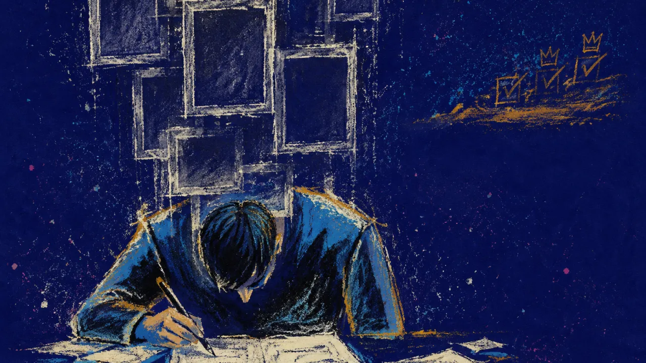 Approval Held Beyond Reach A solitary figure bent over a manuscript as blank frames settle above the shoulders and amber approval marks remain distant