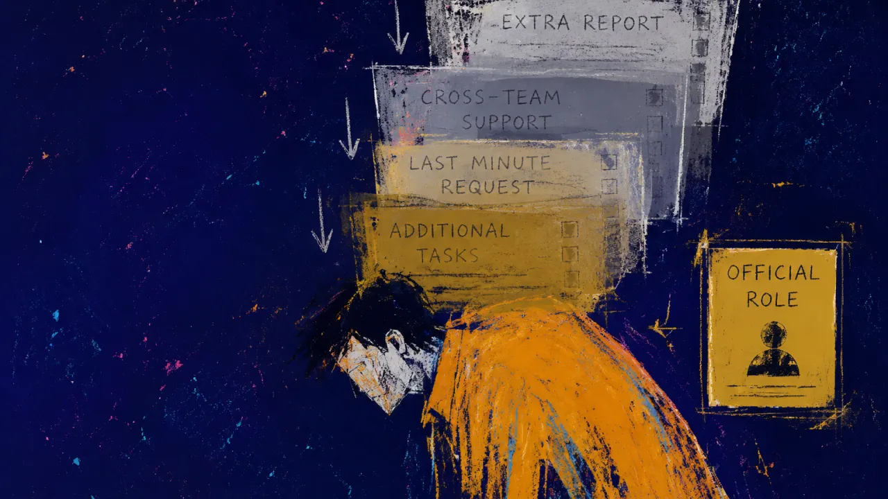 More Weight, Same Title A solitary figure under stacked task panels, shoulders lowered as cool grey layers settle above an unchanged title badge
