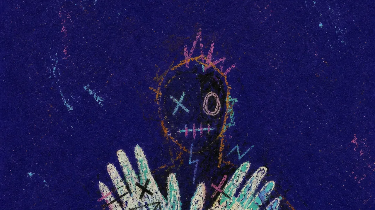 A solitary figure with both hands occupied, crossed messages knotting into the palms as cold brass marks press against skin
