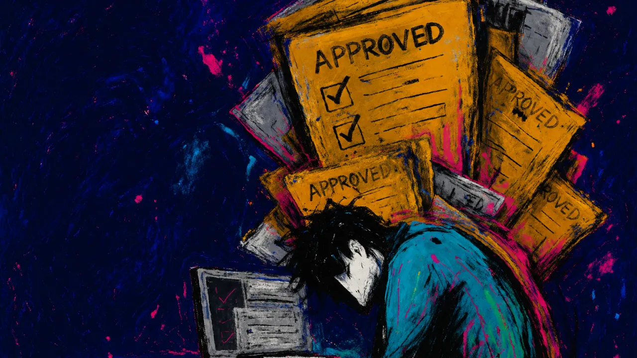 A bent figure beneath stacked screens, with duplicate forms and approval frames settling over lowered shoulders