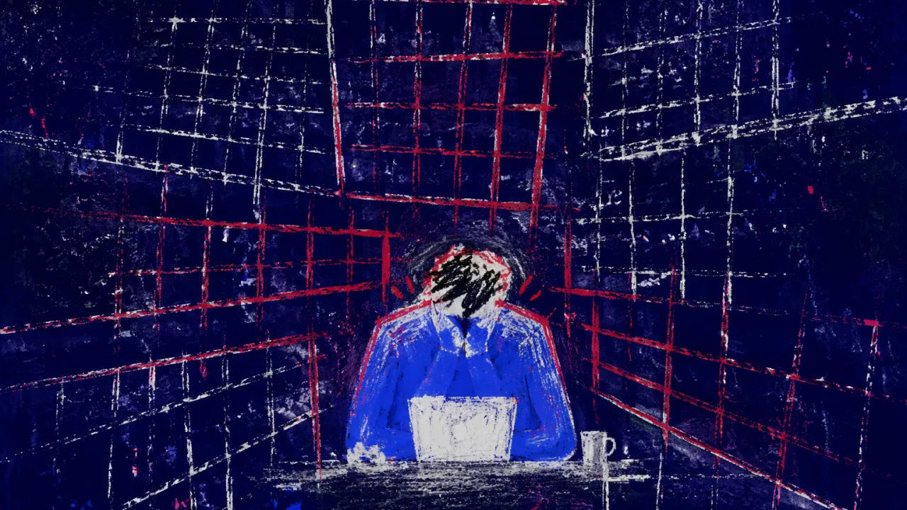 Redrawn rules pressing inward A seated figure with shoulders drawn inward as red review grids press in, narrowing the indigo workspace around their torso.