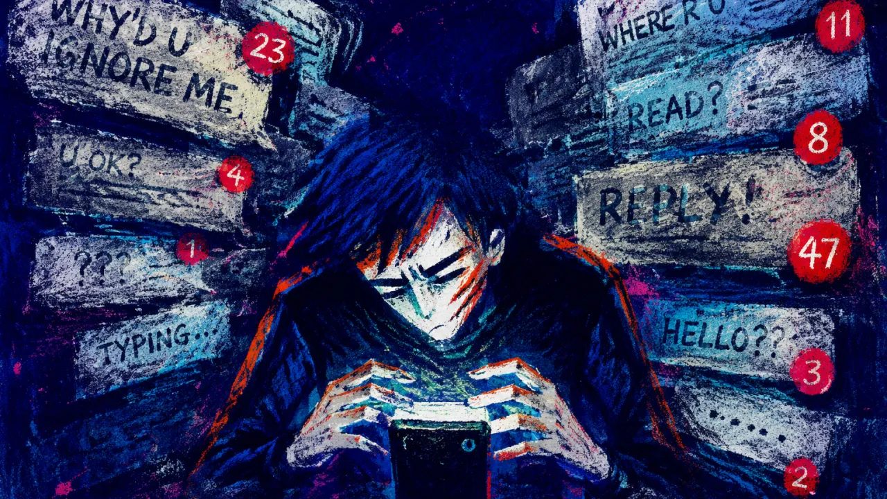 Replies Closing In Around You A solitary figure with inward shoulders and palms over a glowing phone as red message panels crowd in from every side.