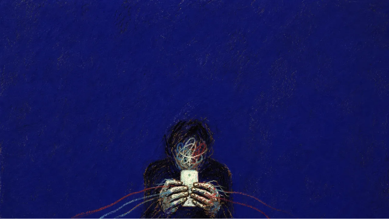 A solitary figure with tight shoulders over a glowing phone, cord-like messages pressing into the palms in deep indigo space