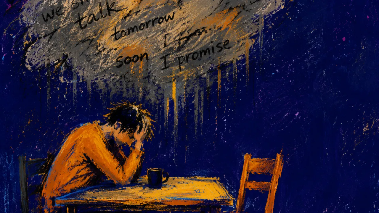 A solitary figure with lowered shoulders beneath settling space, an empty chair turned away, and loose pages suspended over