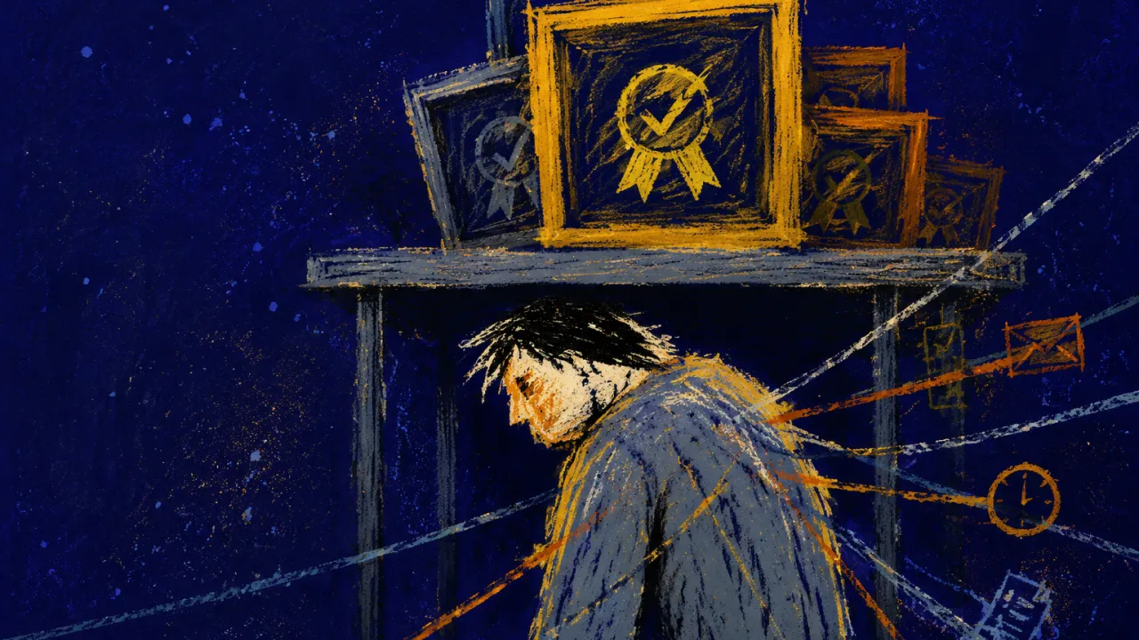 Approval Frames Keep Settling A solitary figure with lowered shoulders beneath stacked approval frames as work lines converge across a bent back.