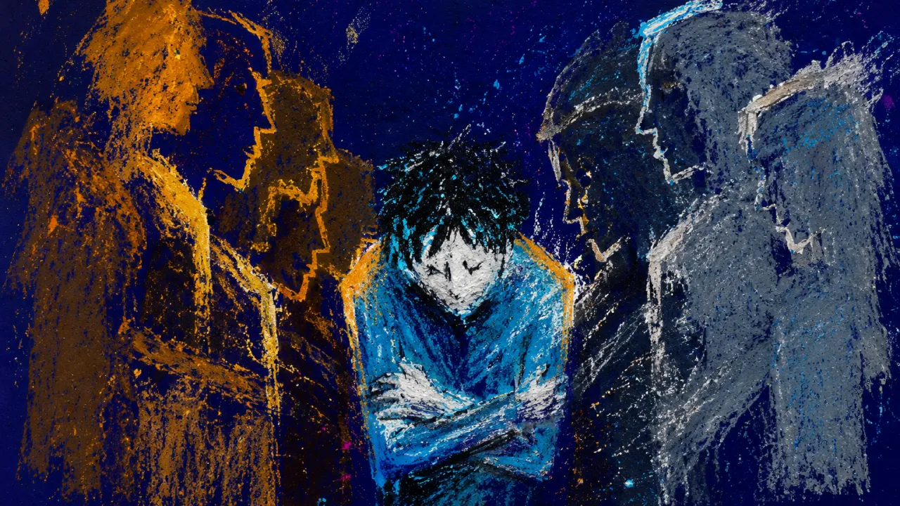 Opposing Sides Pressing Inward A figure with folded arms and drawn-in shoulders stands between family silhouettes as amber and silver space presses inward.