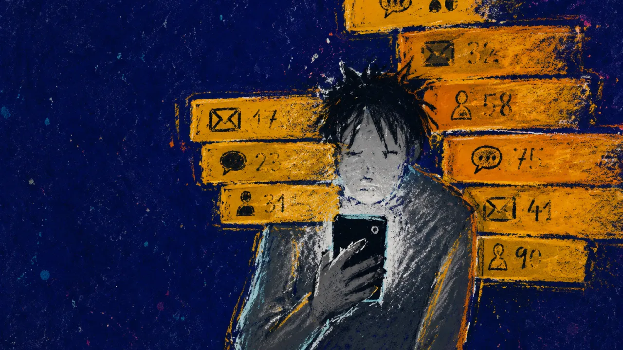 Every Reply Added to the Tally A solitary figure holds a phone at arm's length as stacked amber message tallies close around the shoulders in indigo space.