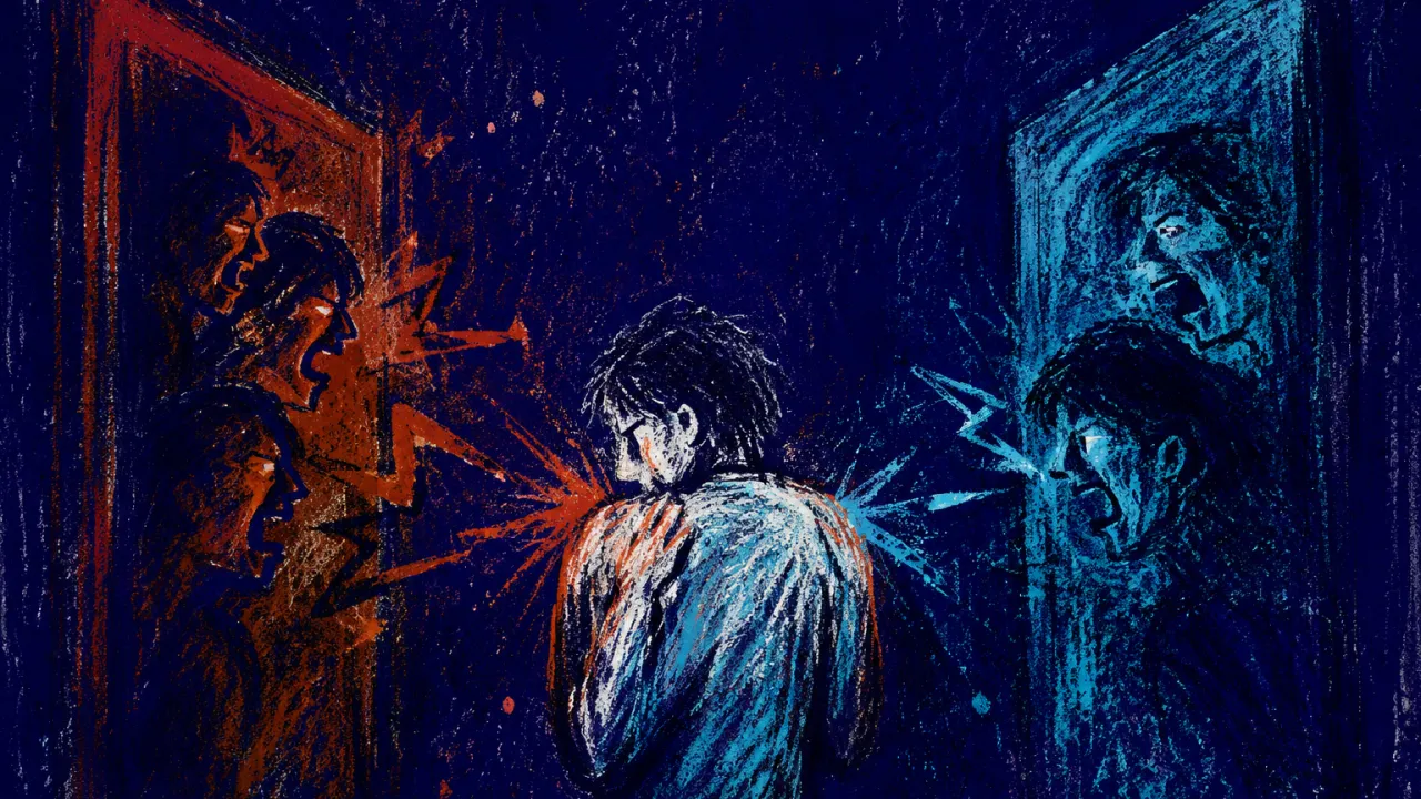Both Sides Press In A solitary figure between two doorways, shoulders turned as speech ribbons fill the air from both sides, space held in pause.