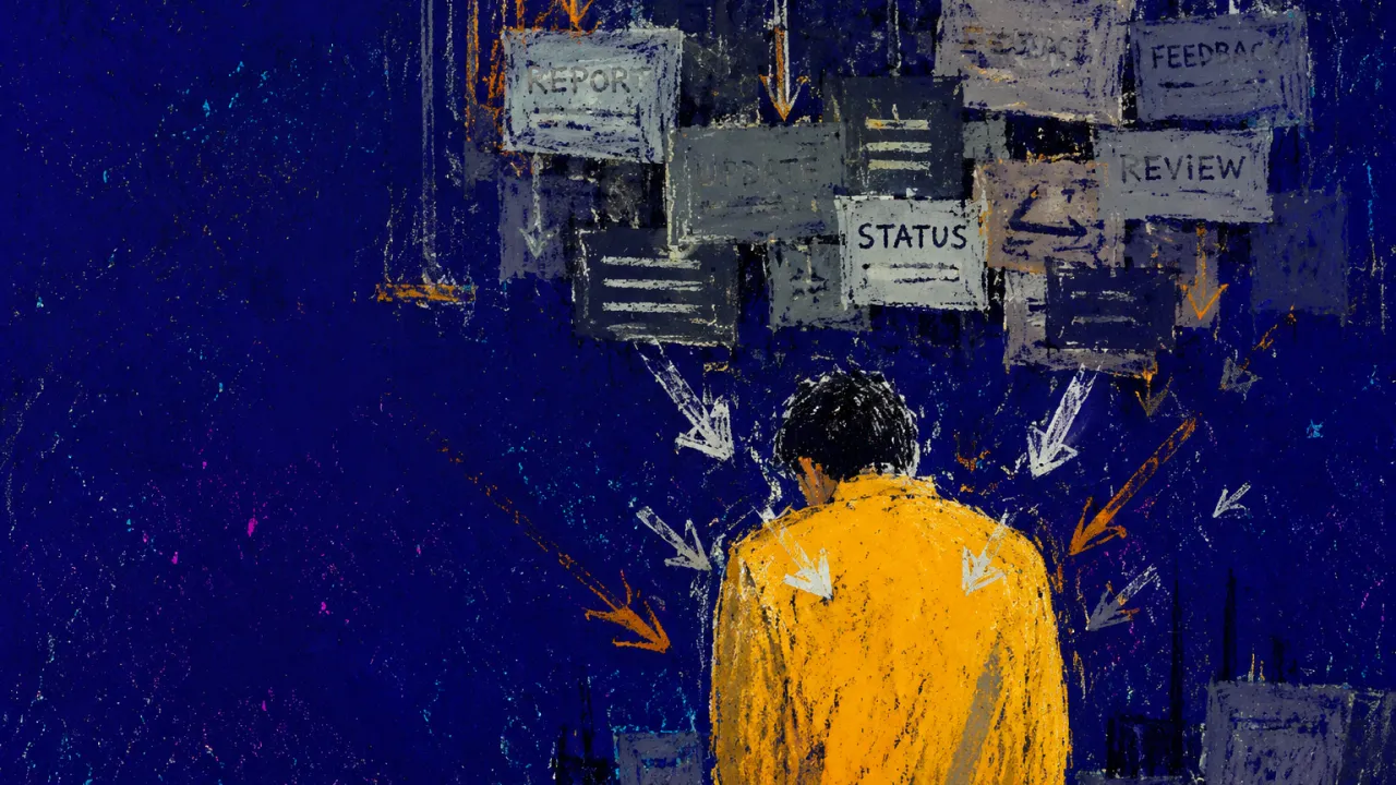 A solitary figure with shoulders held beneath suspended notices, cool grey arrows pressing down through amber space.