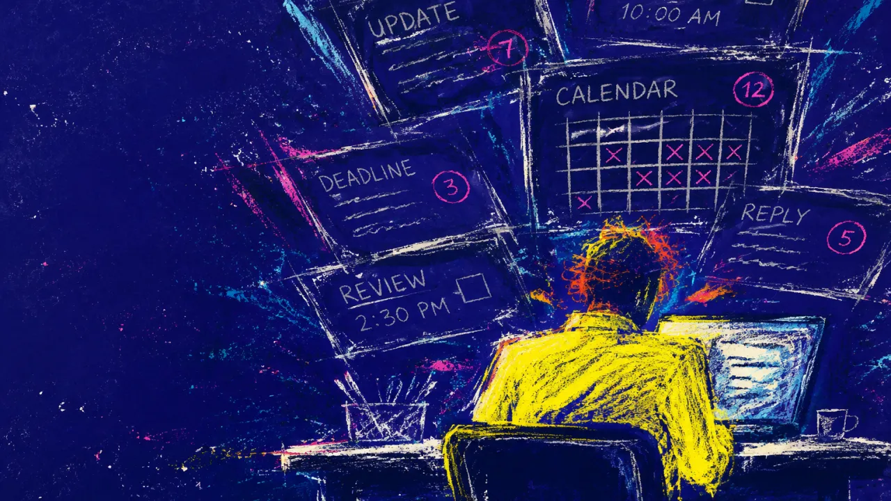 A solitary figure with raised shoulders watches shifting office lines and empty calendar blocks drift beyond a wide desk.