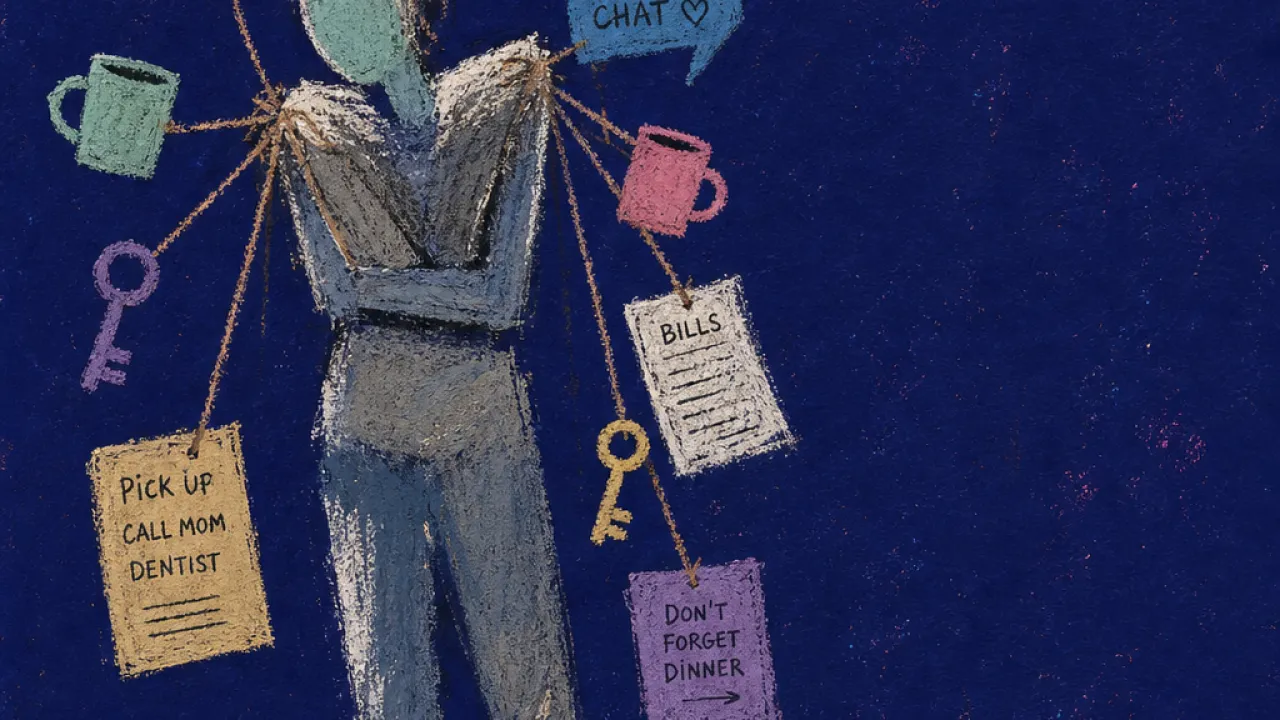 A solitary figure with braced shoulders and one tethered ankle, holding suspended keys, cups, papers, and message threads