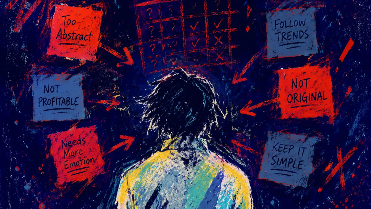 Shoulders Under Moving Standards A solitary figure with shoulders angled toward competing notes, red annotations settling inward through cool blue space.