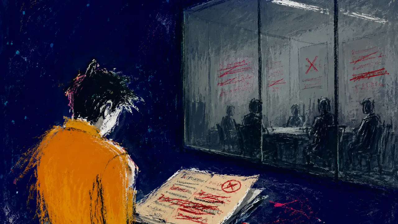 Edits Settling Across the Record A solitary figure angles their shoulders inward as red edits cover an open report beside a closed glass wall.