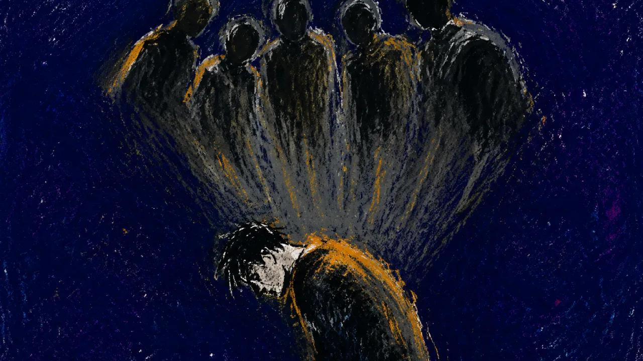 The Role Settles From Above A solitary figure with bent shoulders and back beneath family silhouettes, cool weight settling from above in indigo space