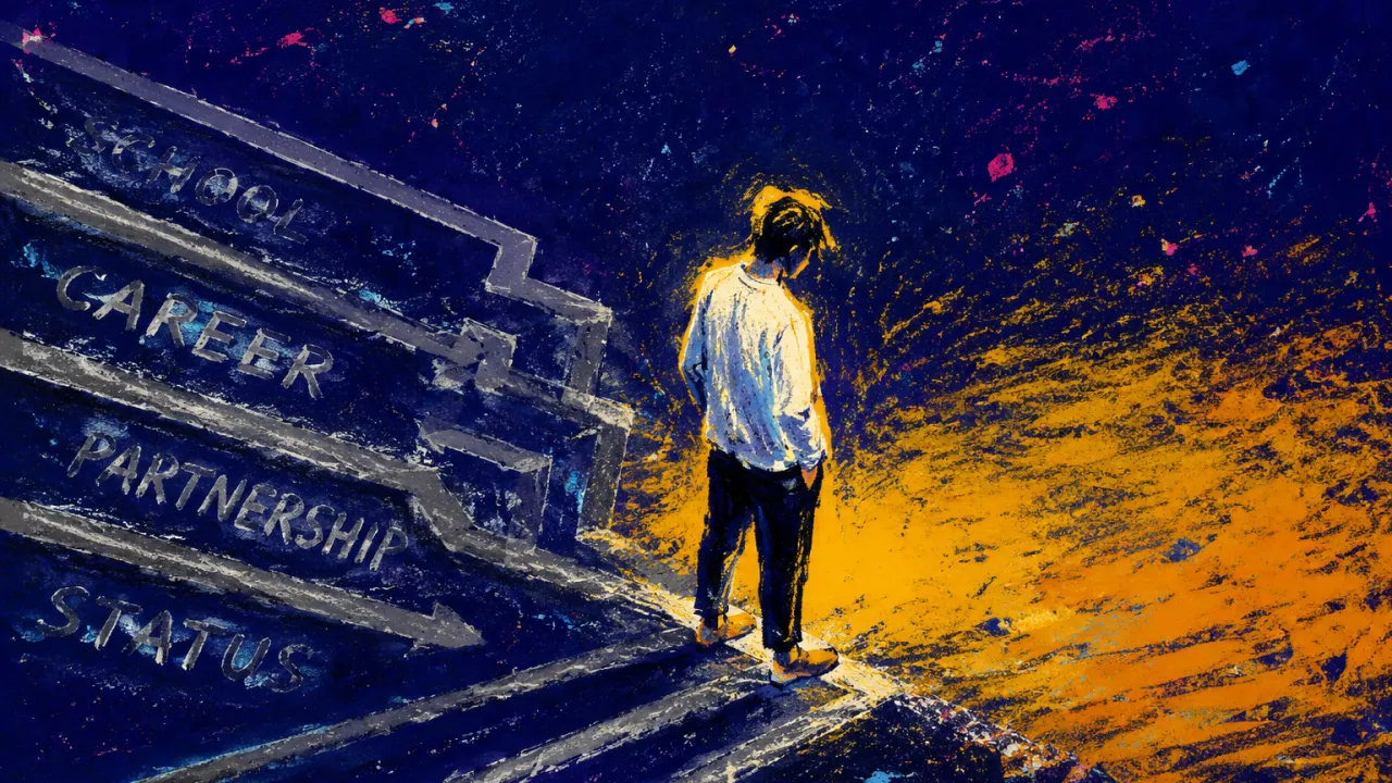 Approved Routes Pressing Inward A solitary figure stands at a labeled grid's edge, feet on open ground as school, career, and status lanes converge.