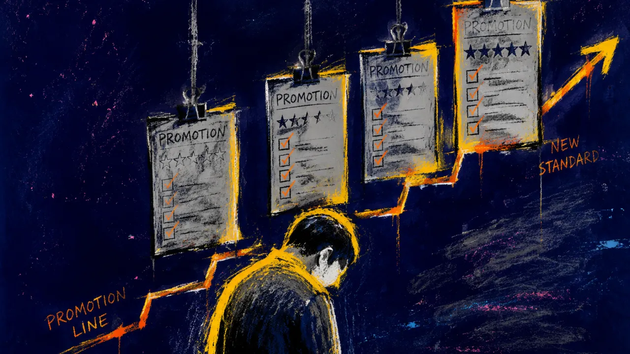 The Line Keeps Rising A solitary figure with lowered shoulders beneath suspended score sheets, cool grey space lifting a line above completed work.