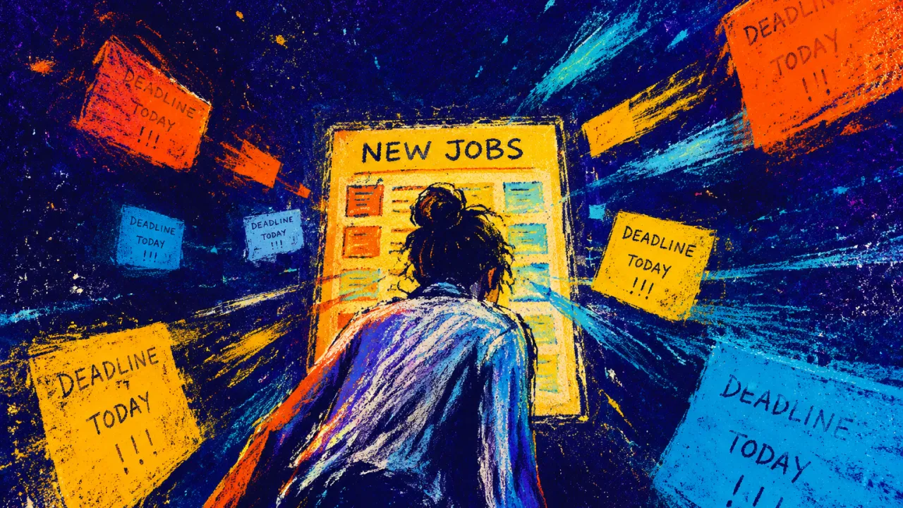 A solitary figure leaning toward a glowing wall of job listings as bright deadline notices drift outward into indigo space