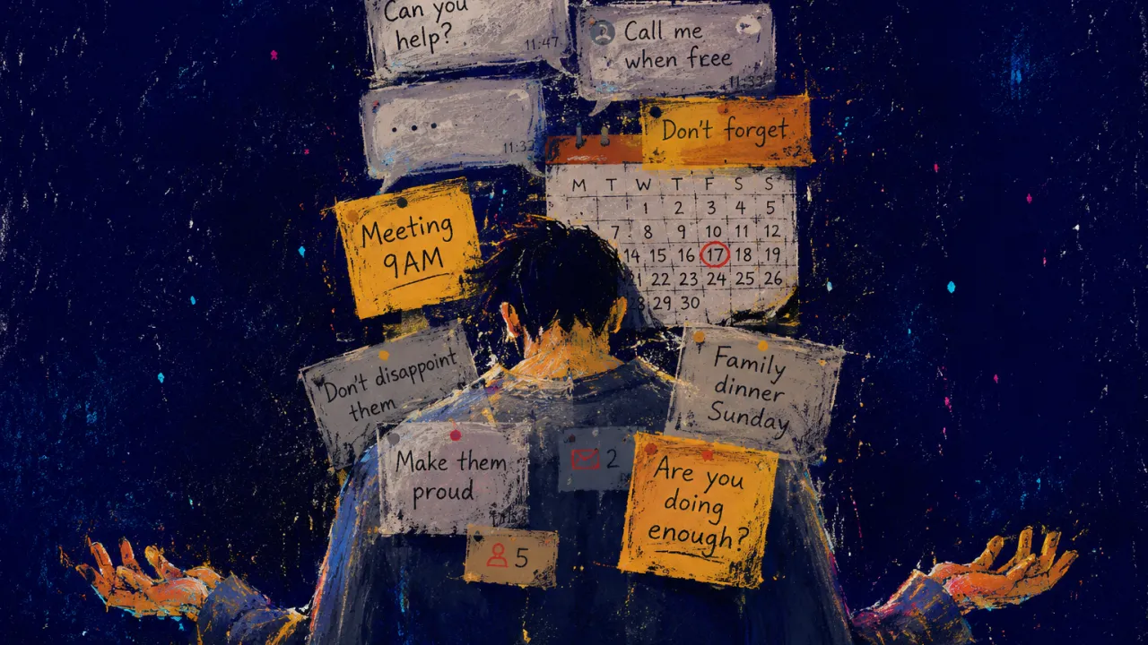 Everyone's Needs Keep Settling Figure with lowered shoulders and open palms beneath messages, calendar notes, and reminders settling from above.