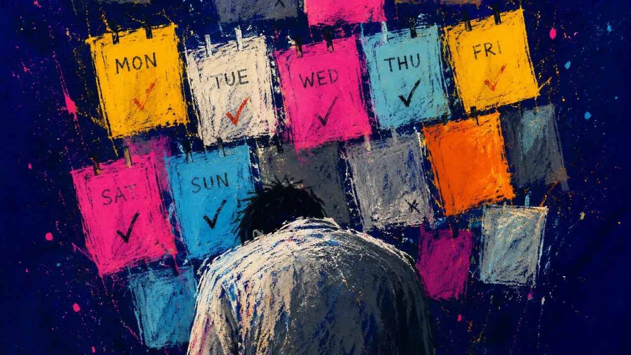 Status pressing from above A solitary figure with lowered shoulders under a descending grid of bright calendar blocks and cool office space.
