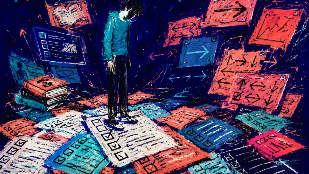 Competing Directions Pressing Inward A solitary figure stands on overlapping checklists as coral screens, books, and panels close in across a deep indigo floor.
