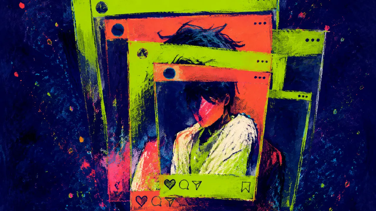 Frames That Keep Recropping You A solitary figure angled beneath overlapping bright feed frames, with color fading from the torso as panels recrop the space.