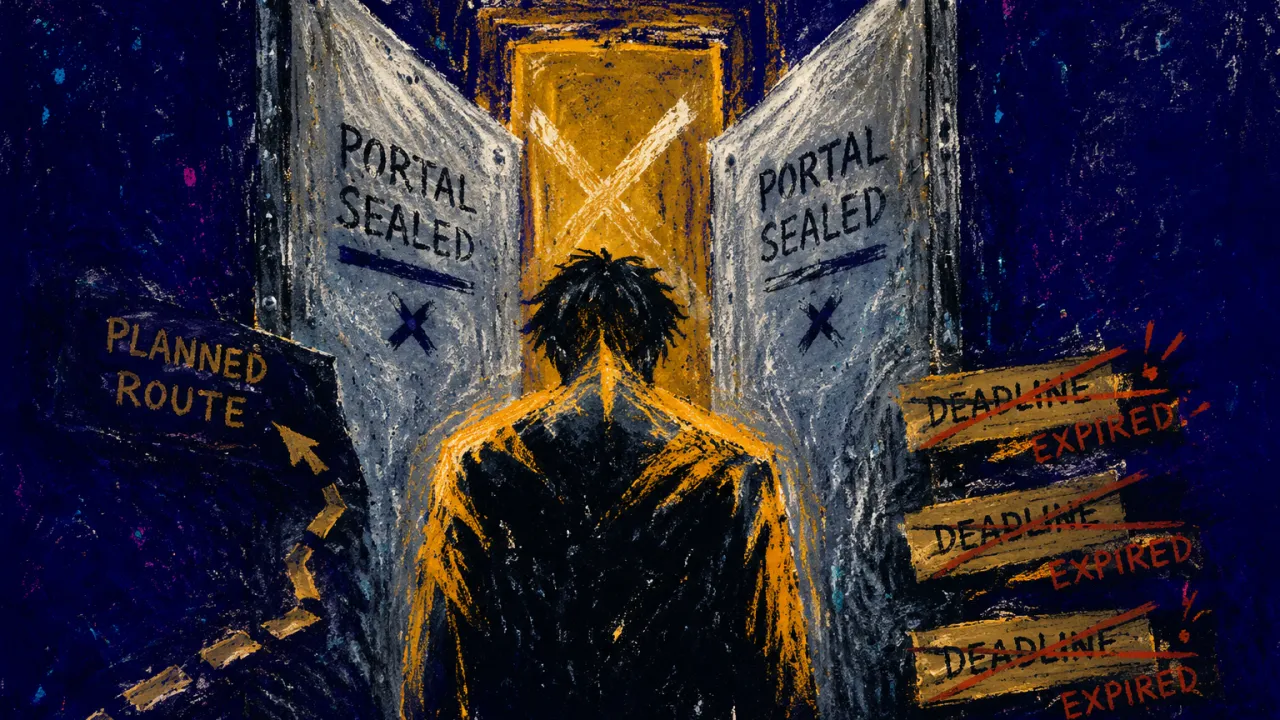 Panels Closing Around a Still Figure A solitary figure stands at a sealed portal, shoulders angled inward as silver panels narrow around the torso.
