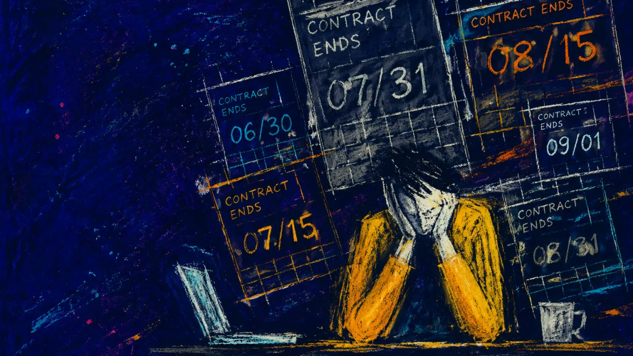 Calendar Walls Closing In A seated figure with shoulders drawn inward as silver calendar panels encroach around the desk against deep indigo space.