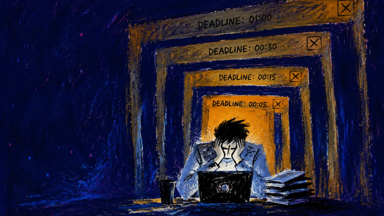 Deadlines Closing From Every Side A seated figure with shoulders drawn inward as silver portal frames close around the torso, leaving a narrow amber opening.