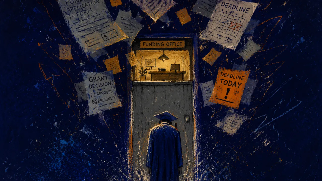Funding Settles Above Lowered Shoulders A solitary figure with lowered shoulders beneath a narrow doorway, funding papers settling above, a cool empty frame beyond.