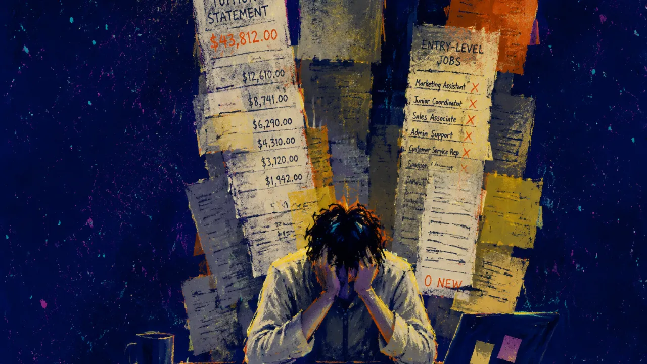 Costs Settling, Openings Receding A seated figure with lowered shoulders beneath tuition bills and job listings that form columns pressing across the desk.