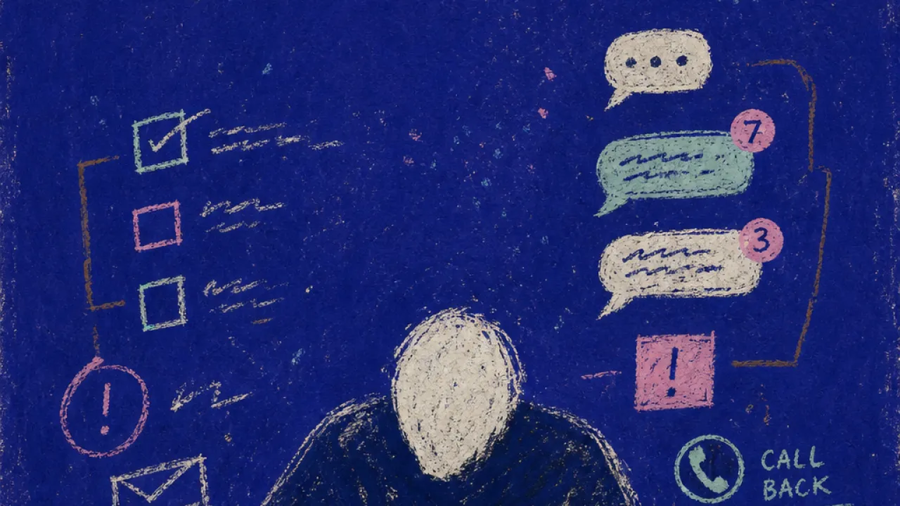 A solitary figure bent over a phone and scattered forms as bills, keys, and message threads crowd the surrounding space