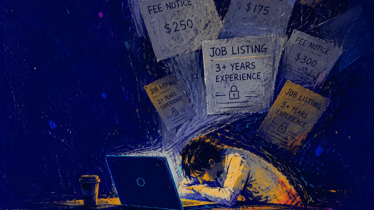 Fees Settling, Options Narrowing A figure bends over a laptop as fee notices settle above the shoulders and job-listing windows narrow the workspace.