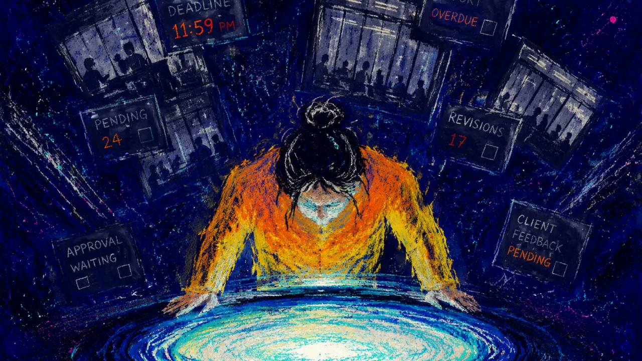 Deadlines pressing through office windows A figure leans over a glowing portal as office windows press inward around raised shoulders and suspended status boxes.