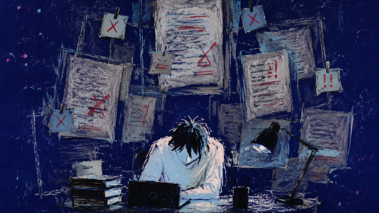 Feedback Settling Around the Desk A seated figure with lowered shoulders as marked pages and suspended notes settle around a desk, narrowing the space ahead.