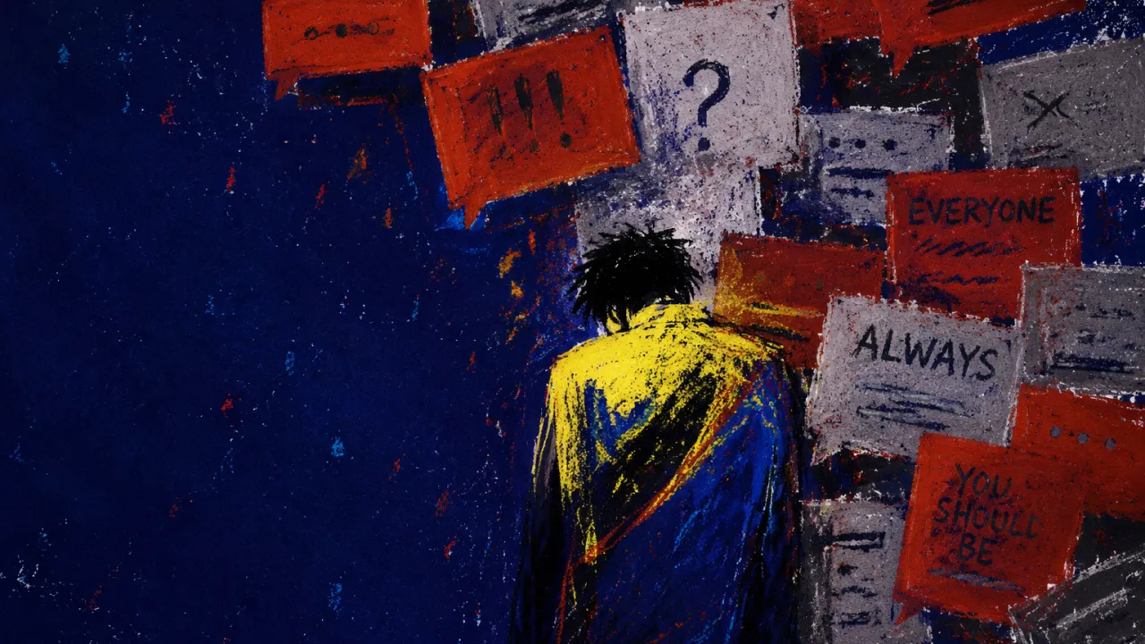 A solitary figure faces overlapping message panels, shoulders drawn inward as rust-red blocks close across deep indigo space.