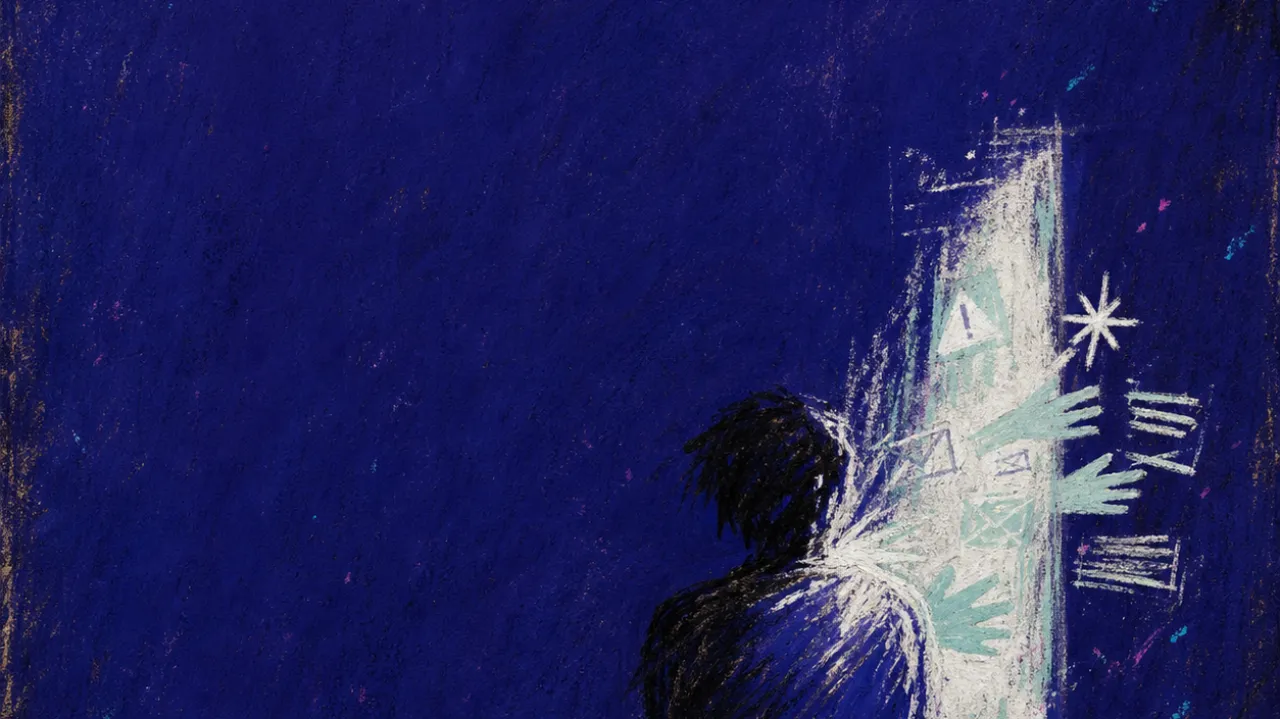 A solitary figure beside a glowing doorway as hands, messages, and alert lights push through a veil into dark private space