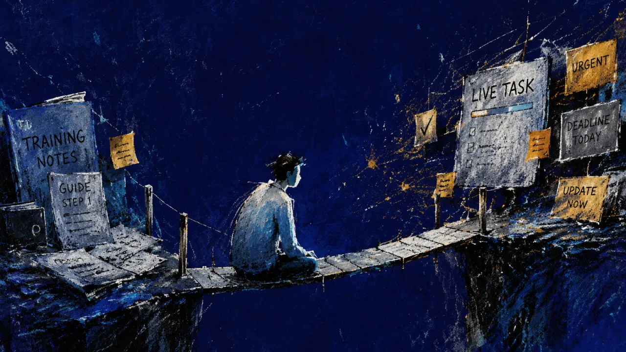 A figure stands between training notes and a live task board, shoulders facing a suspended gap in silver and amber.