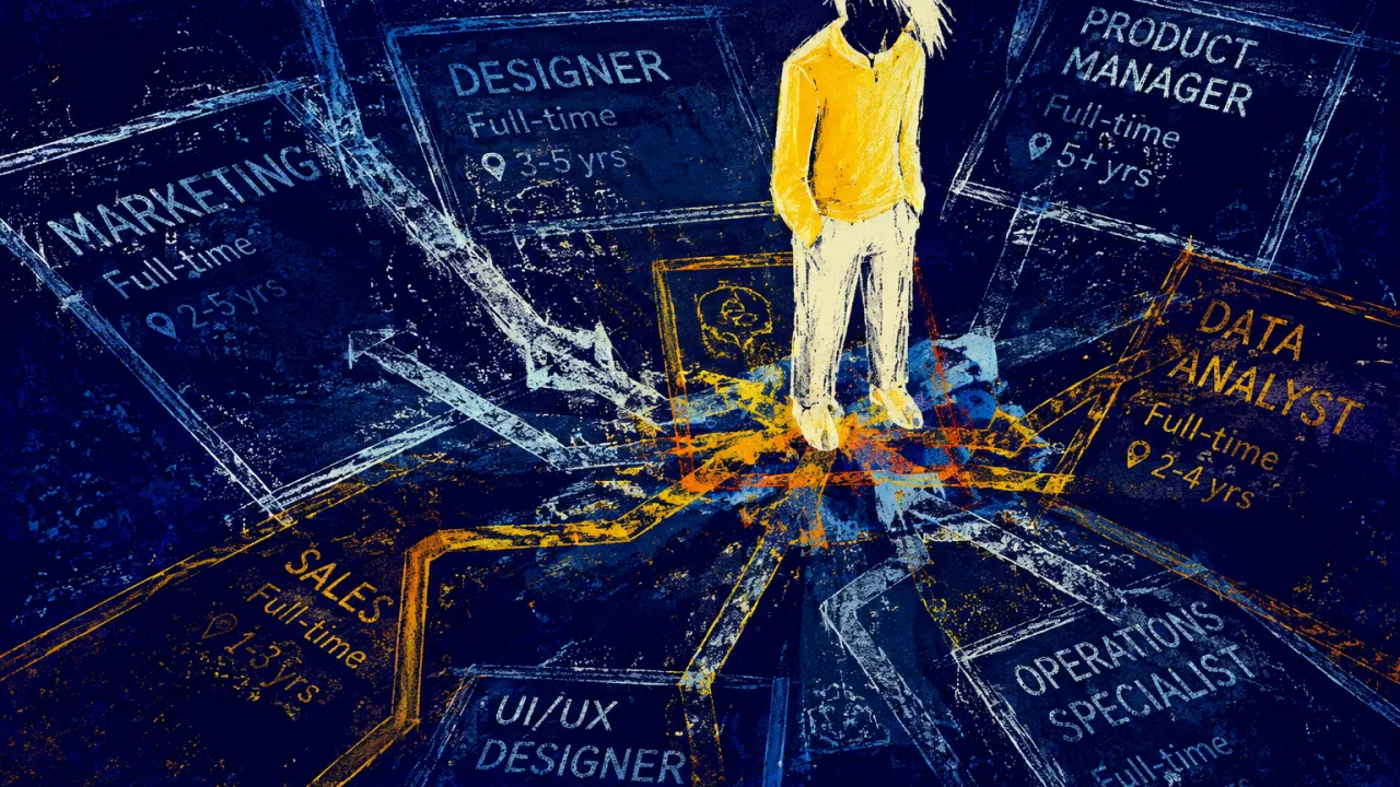 Routes Closing Around Your Feet A solitary figure stands amid overlapping listing frames as silver and amber route markers crowd the floor at their feet.