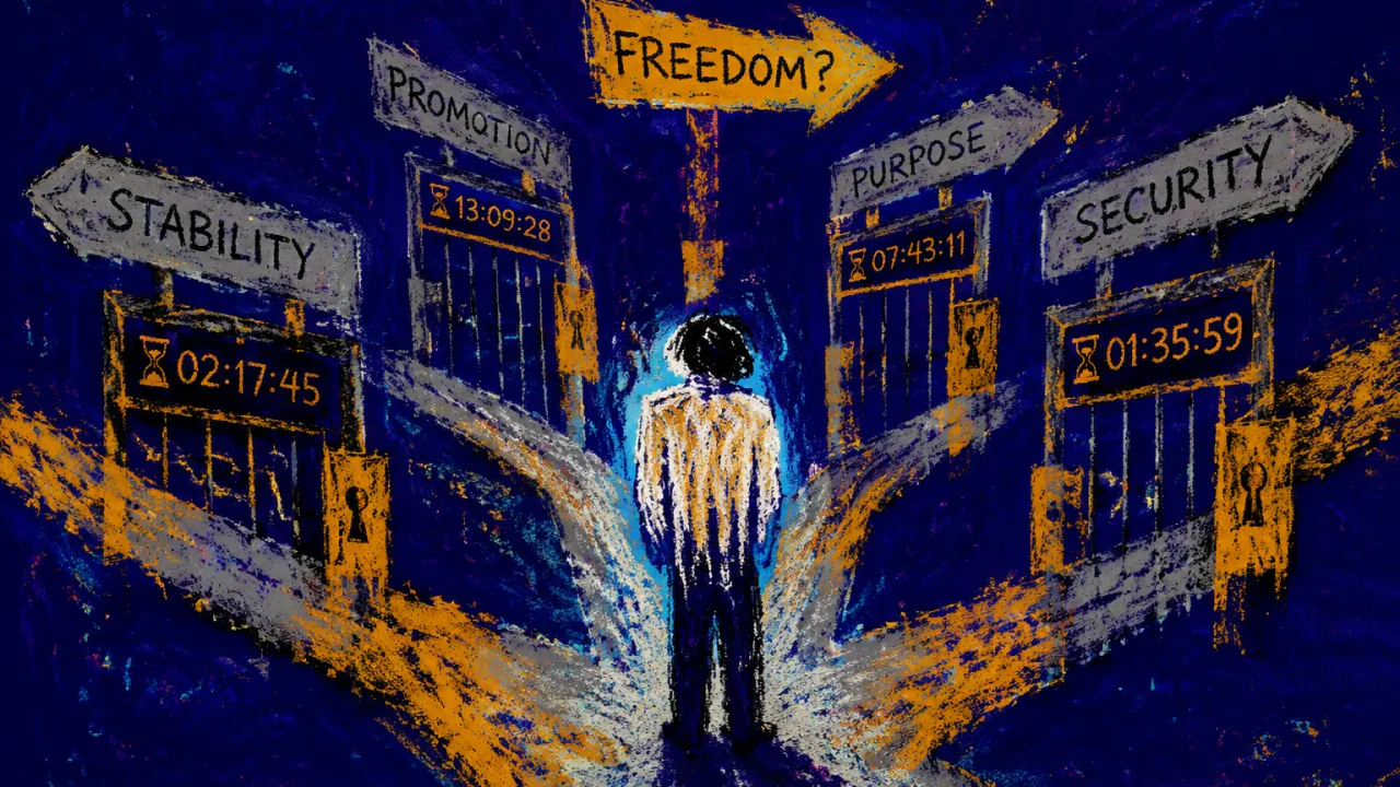 A solitary figure with shoulders framed by converging signposts, timed gates narrowing separate paths in amber and indigo.