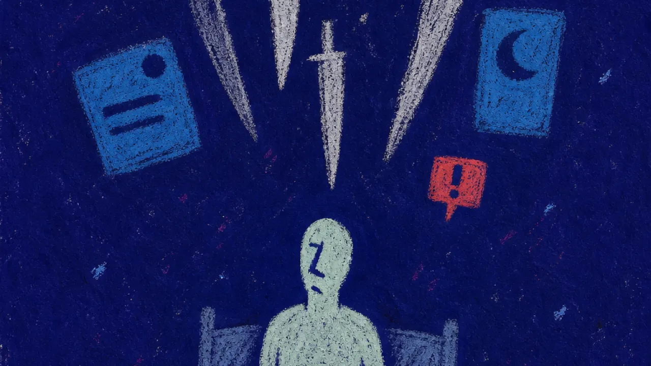 A solitary figure sits upright in bed as blades, screen glow, and alarm light press into the dark room