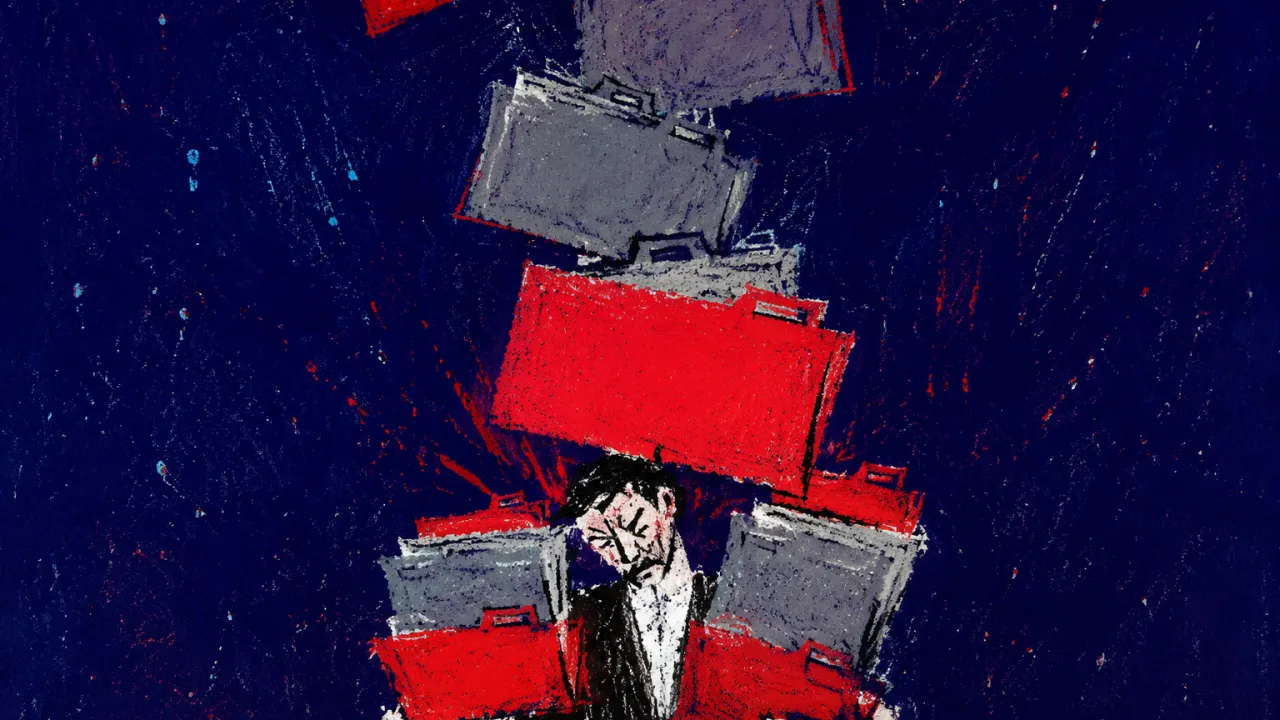 More Work Keeps Settling Down A figure under descending panels, shoulders lowered as multiplying folders crowd the arms and narrow the workspace.