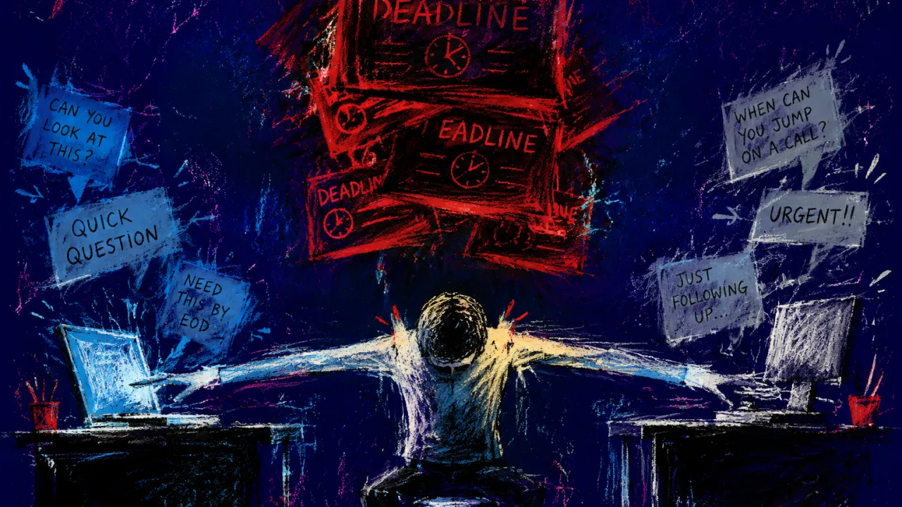Demands settling from every side A figure stands between two desks, shoulders lowered beneath red task panels as silver message windows fill both sides.