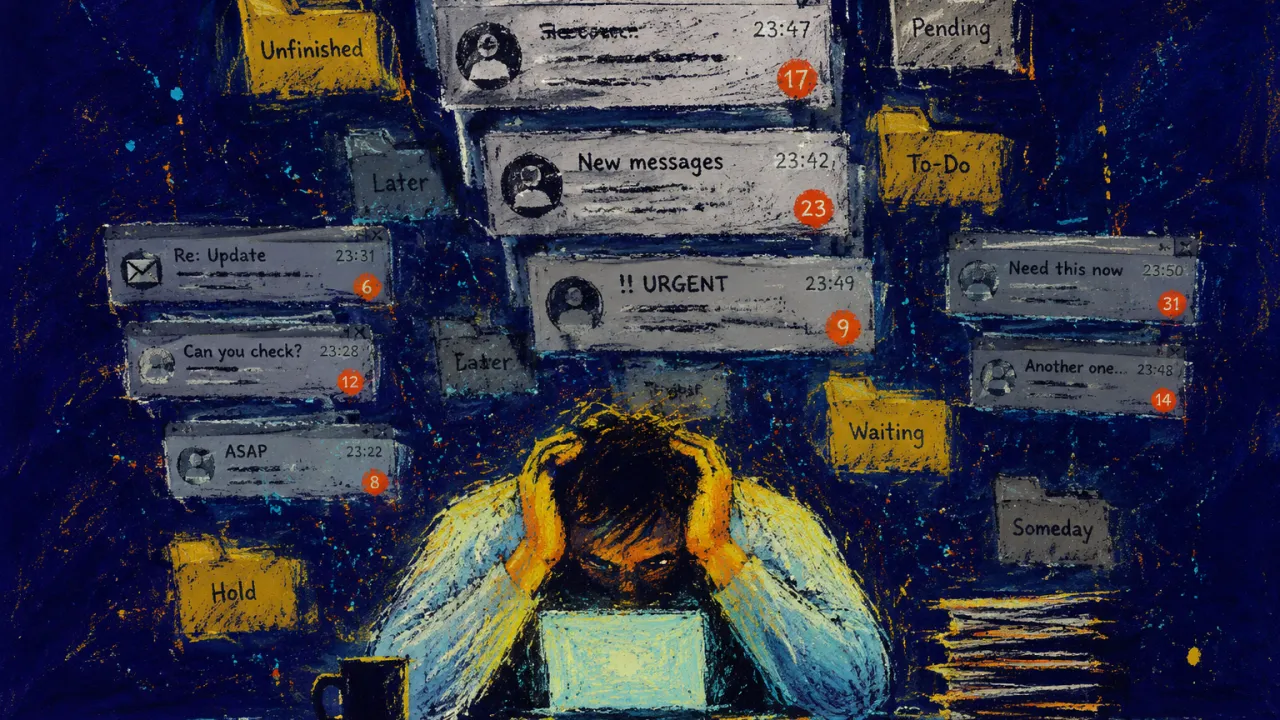 A figure sits with raised shoulders at a glowing desk as message windows stack overhead and folders crowd the workspace.