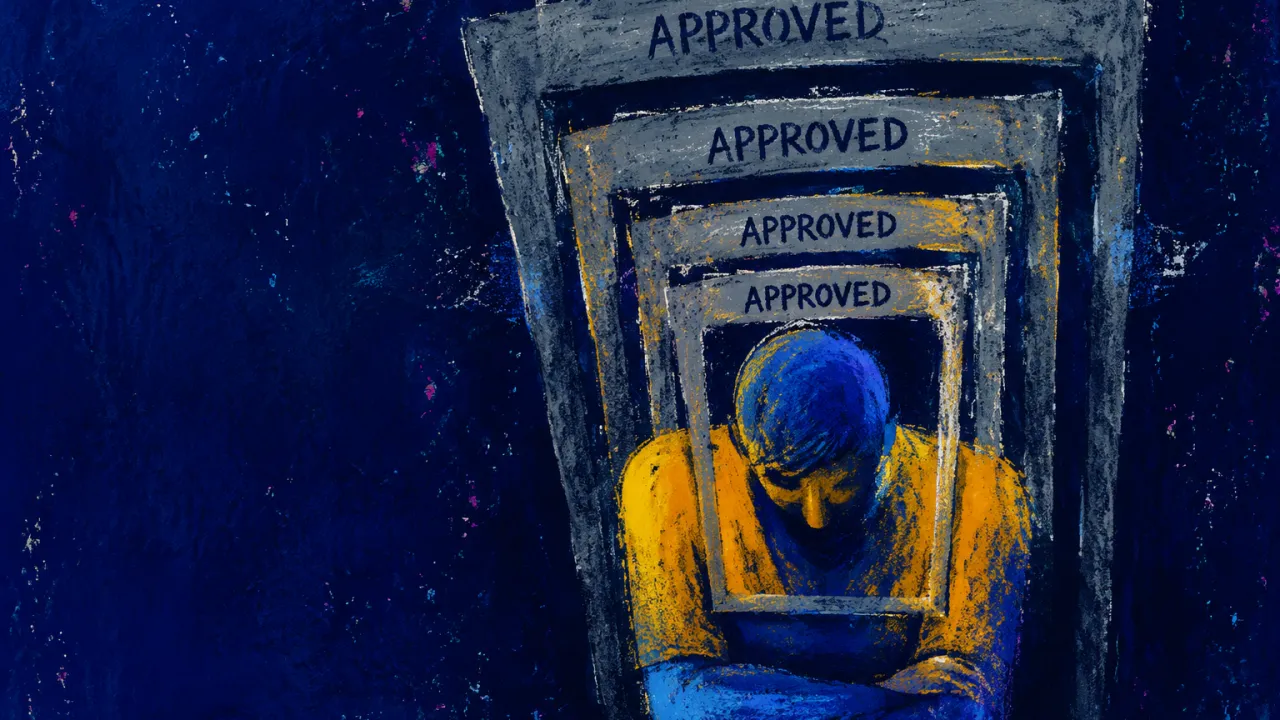 A solitary figure with lowered shoulders as stacked grey approval frames settle inward around the torso against deep indigo.