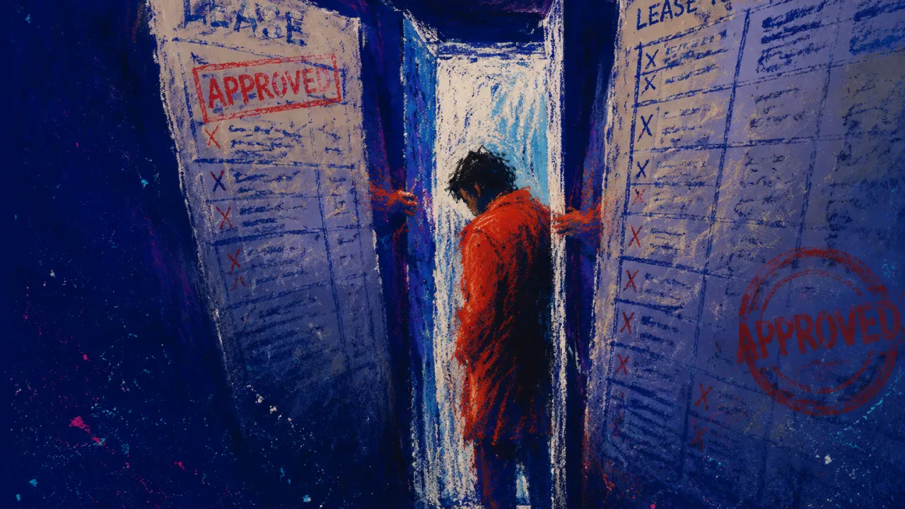 A solitary figure stands with shoulders angled inward as lease pages and inspection grids narrow the doorway from both sides.
