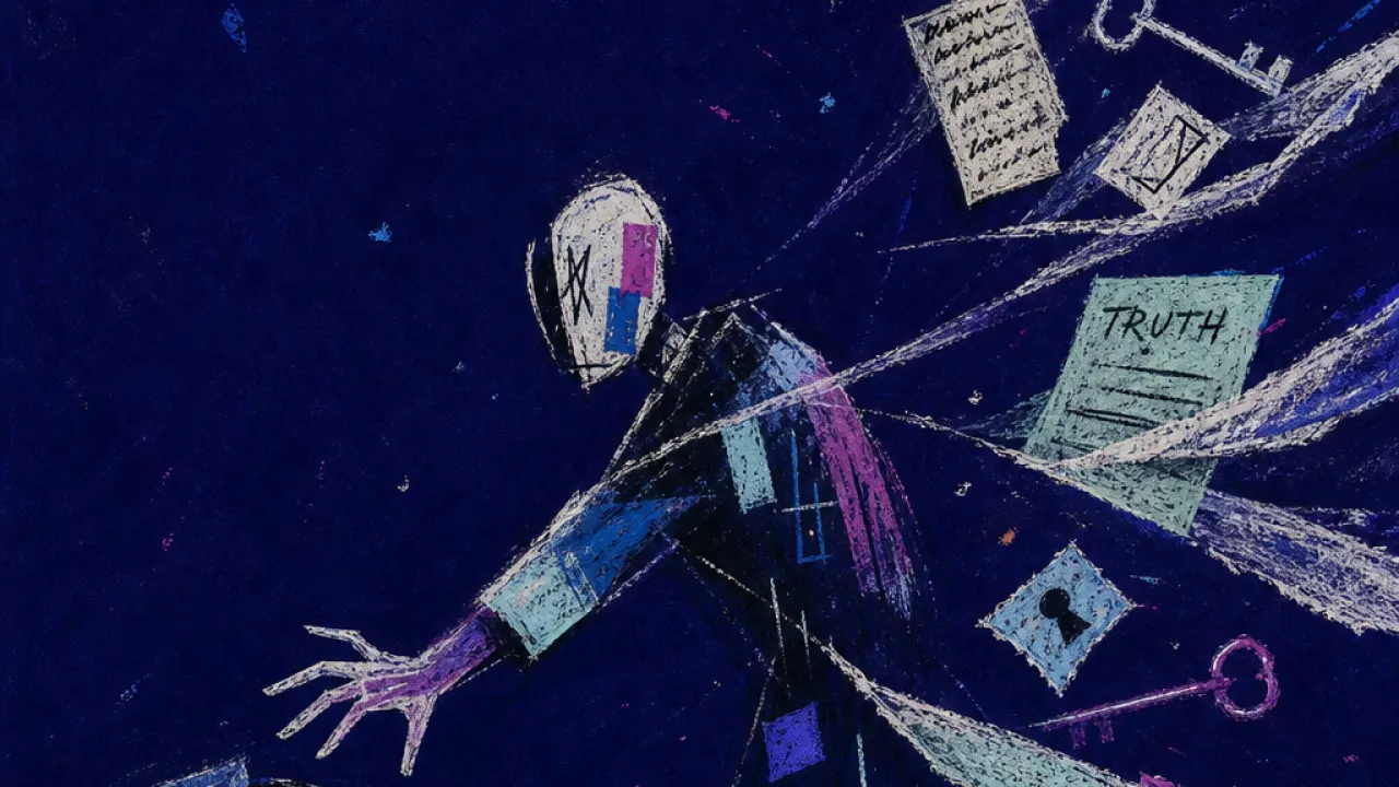 A solitary figure reaches toward half-covered documents as unseen hands pull veils across messages and keys